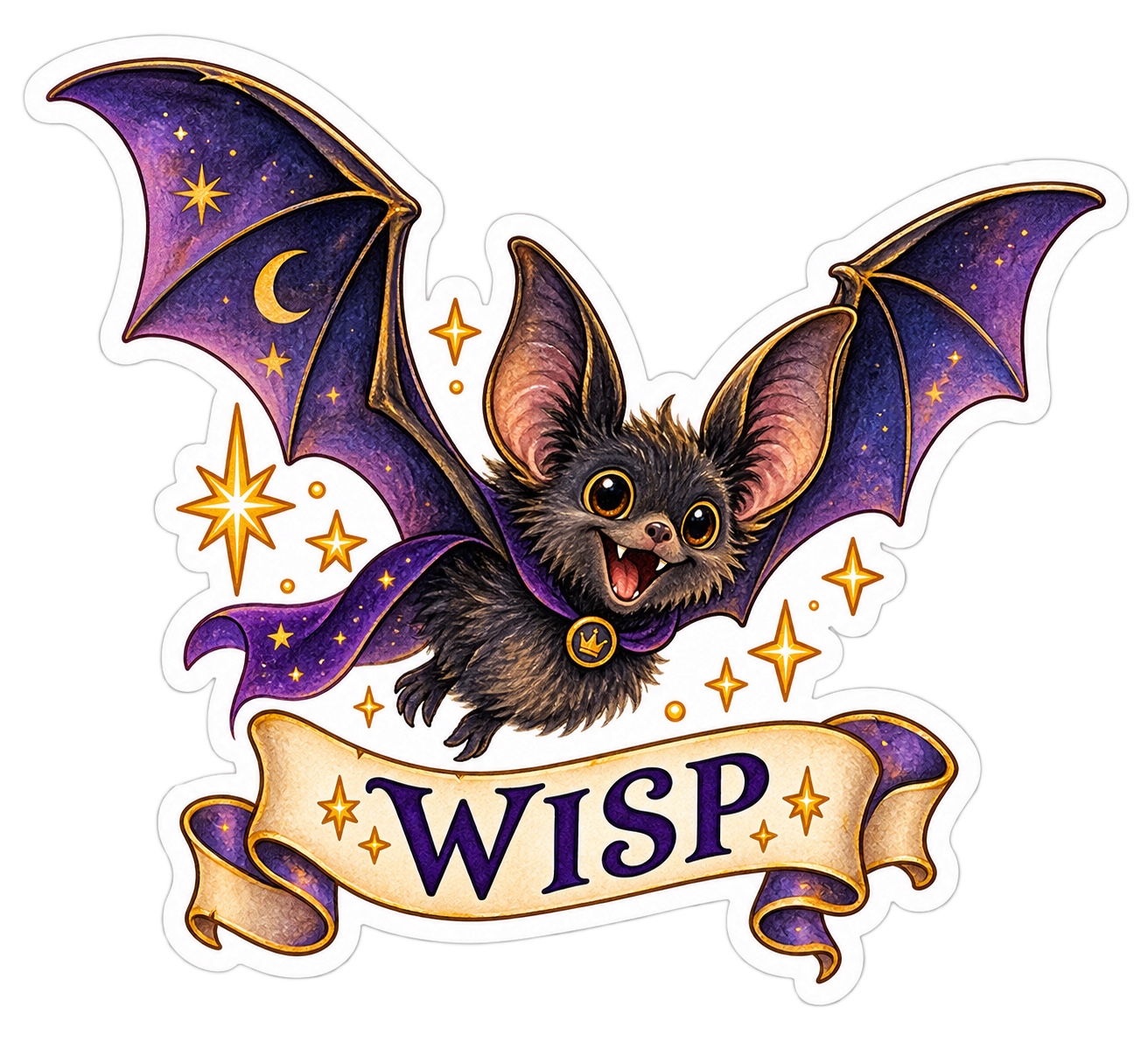 Wisp, a small dark bat with open wings and a mischievous expression